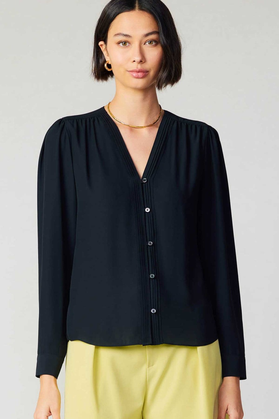 CURRENT AIR Pleat Detail Buttondown Shirt Long Sleeve Tops