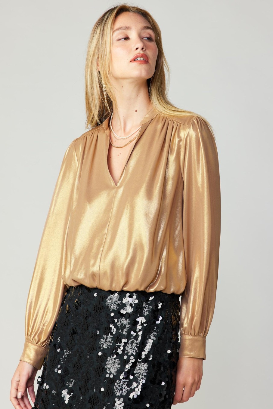 CURRENT AIR Metallic Bubble Hem Blouse Long Sleeve Tops