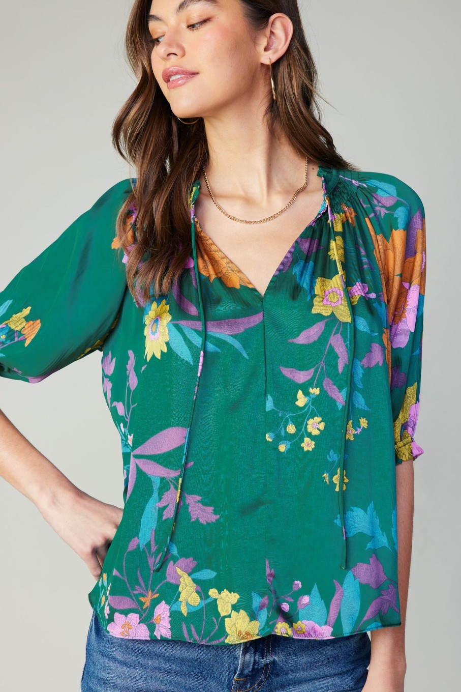 CURRENT AIR Angelica Pleated Blouse Long Sleeve Tops