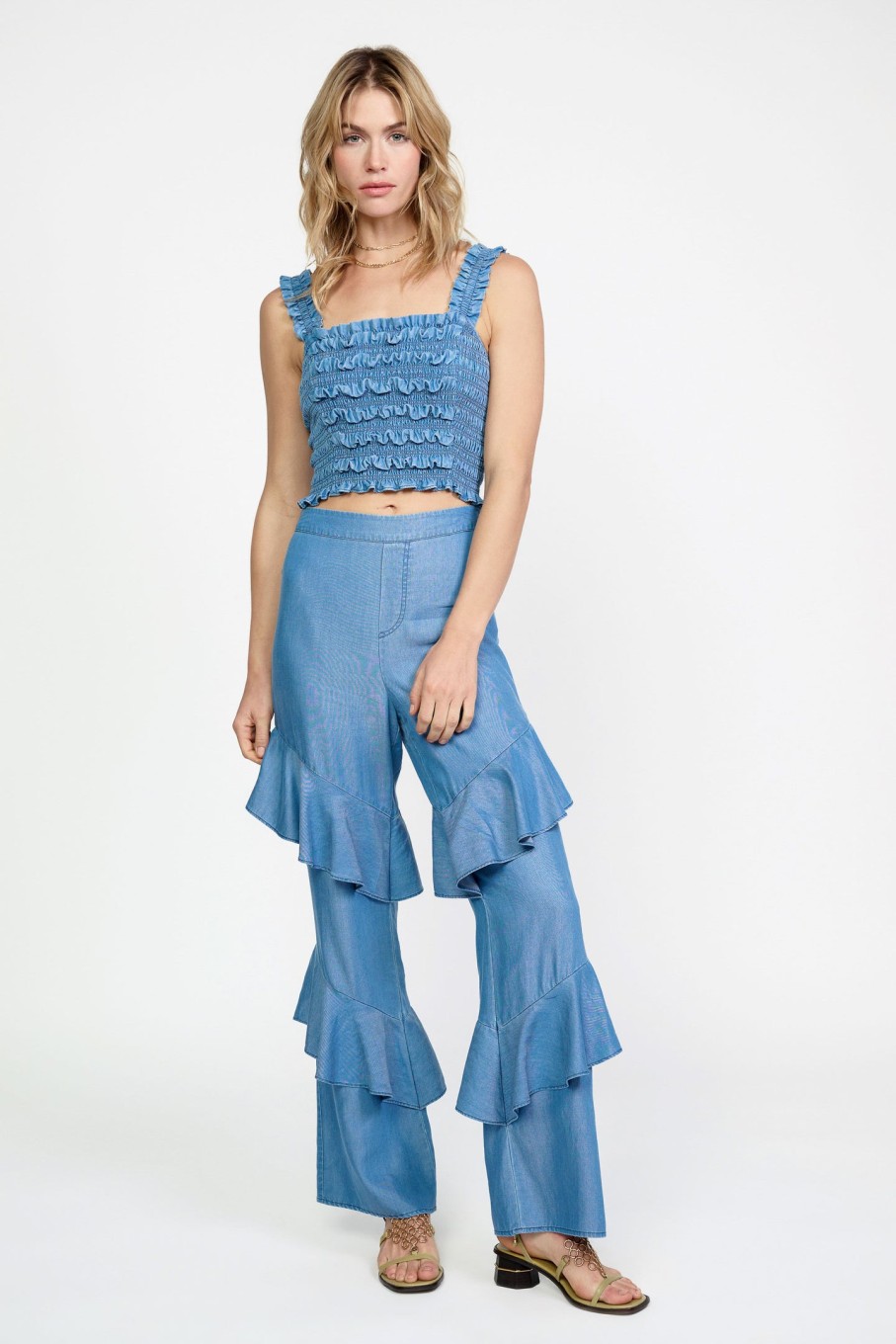 CURRENT AIR Chambray Smocked Crop Top Sleeveless Tops