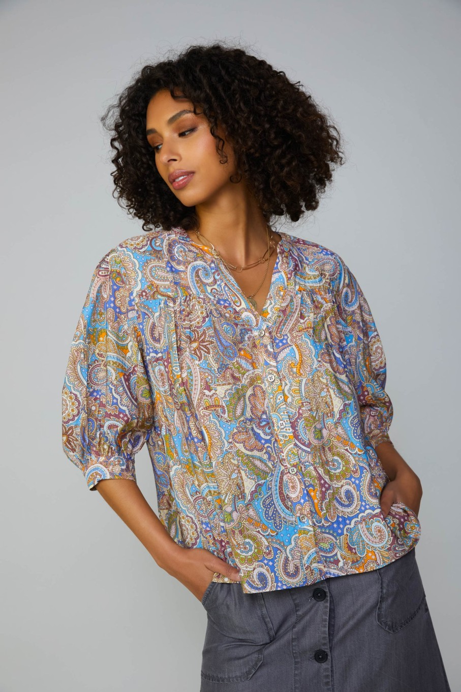 CURRENT AIR Paisley Motif Button Blouse Long Sleeve Tops