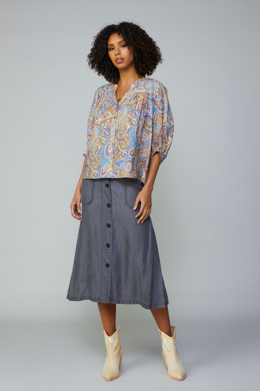 CURRENT AIR Paisley Motif Button Blouse Long Sleeve Tops