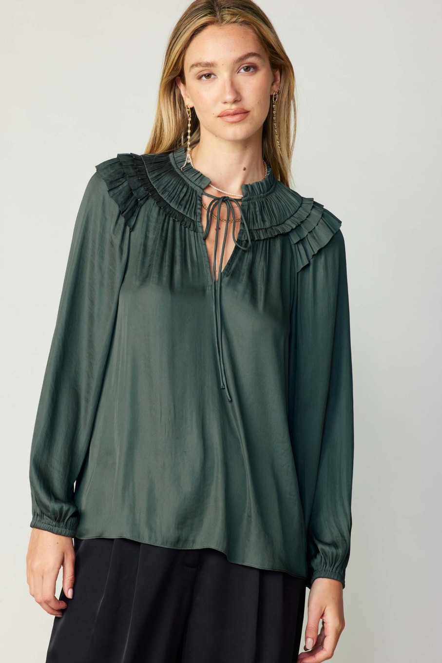 CURRENT AIR Smocked Shoulder Blouse Long Sleeve Tops