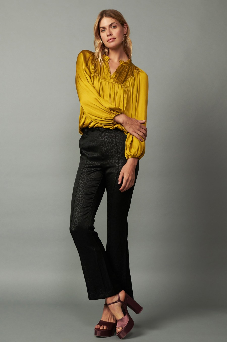 CURRENT AIR Yoke Shirred Blouse Long Sleeve Tops