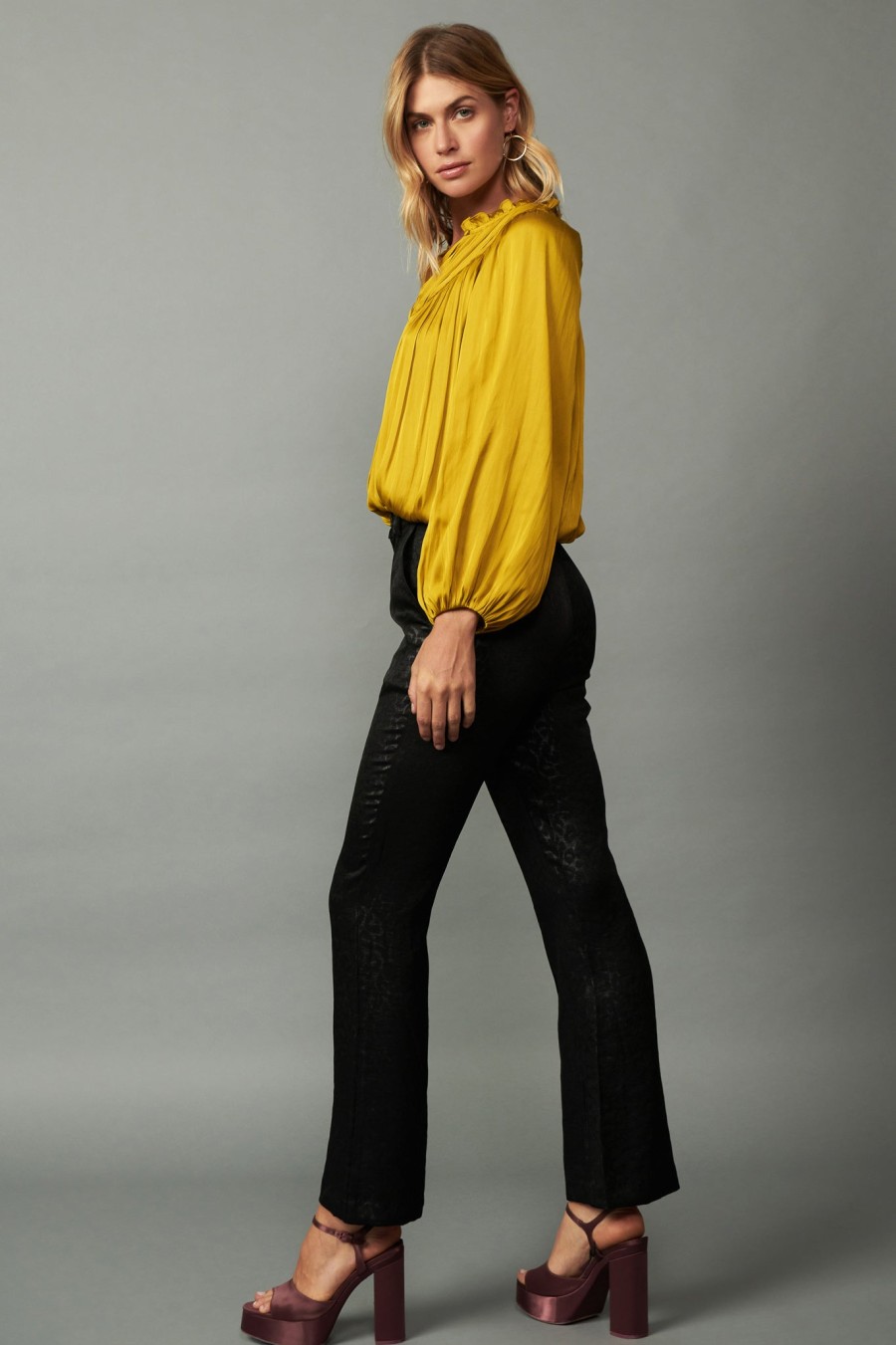 CURRENT AIR Yoke Shirred Blouse Long Sleeve Tops