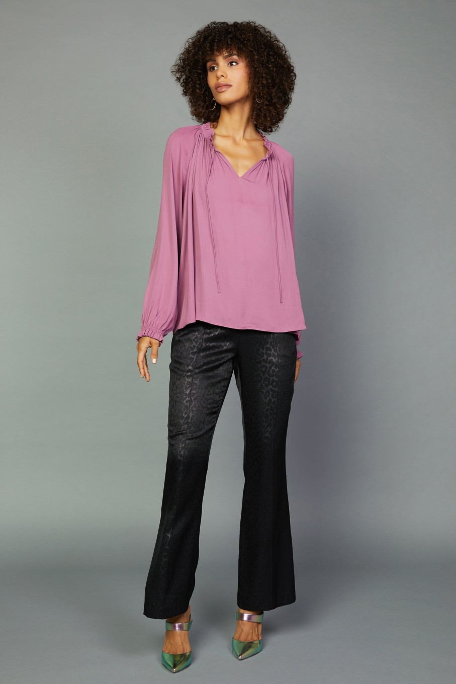 CURRENT AIR Charlotte Pleated Blouse Long Sleeve Tops