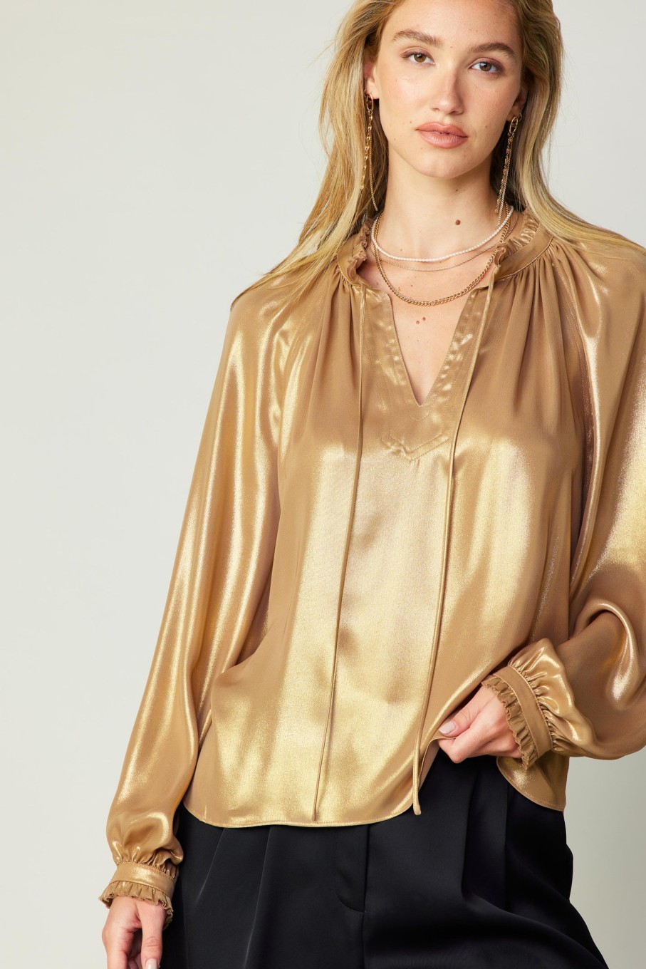 CURRENT AIR Lustrous Cuffed Blouse Long Sleeve Tops