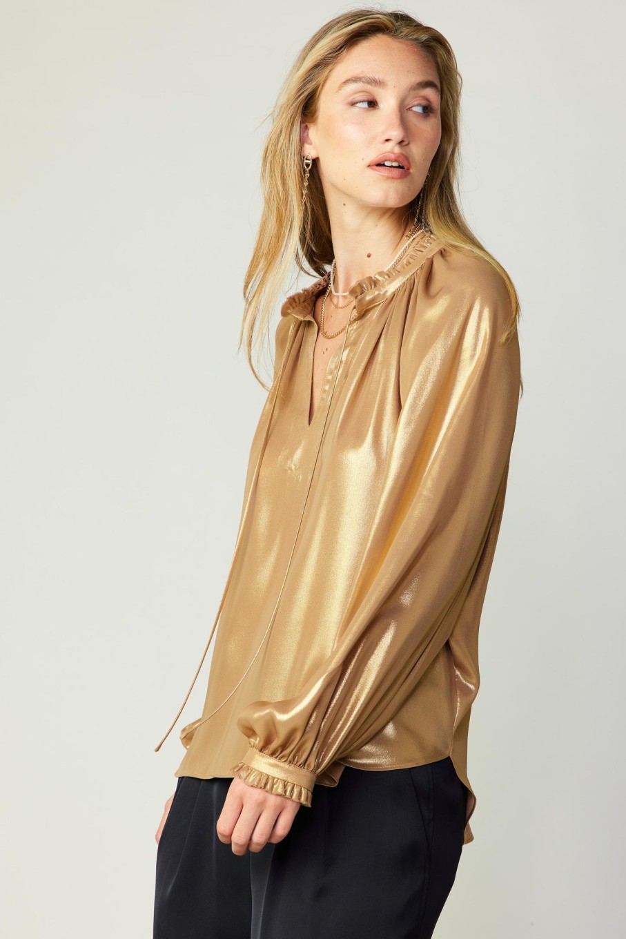 CURRENT AIR Lustrous Cuffed Blouse Long Sleeve Tops