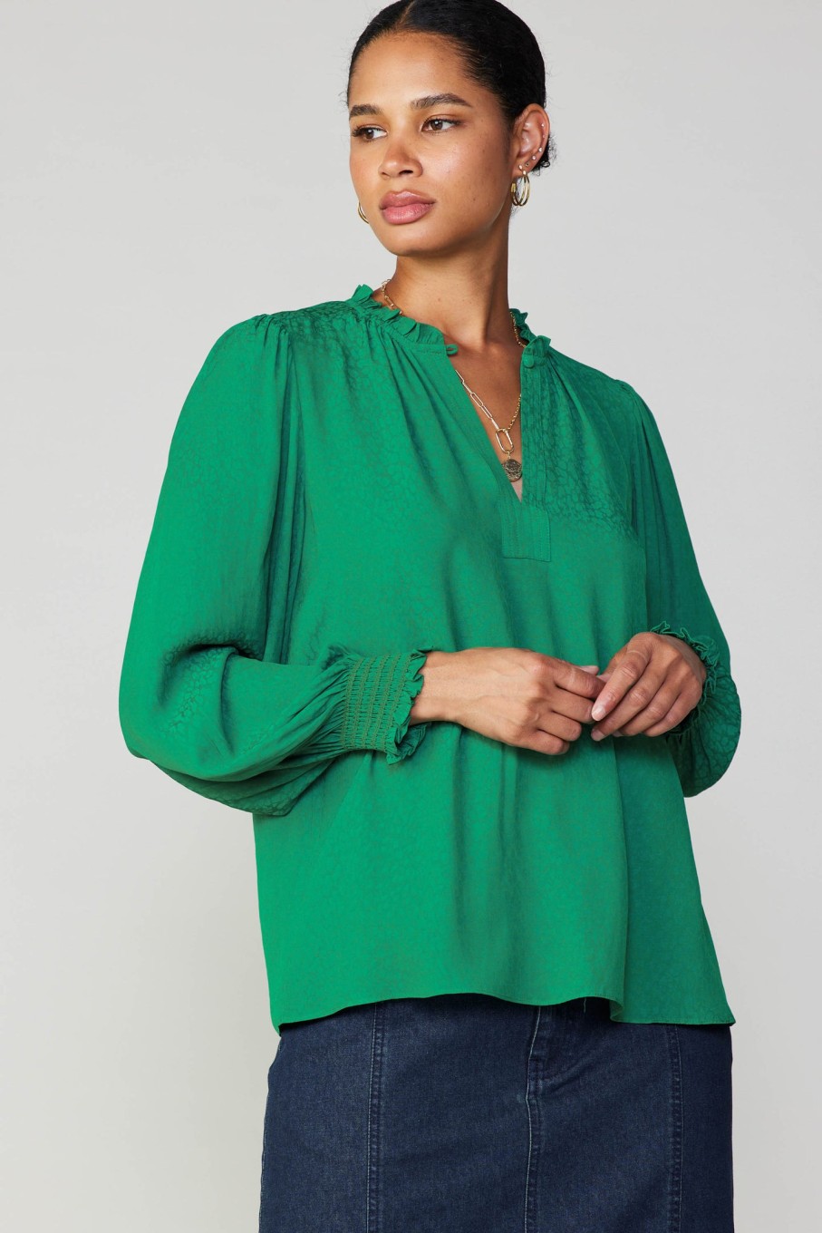CURRENT AIR Jacquard Ruffled Neck Blouse Blouses