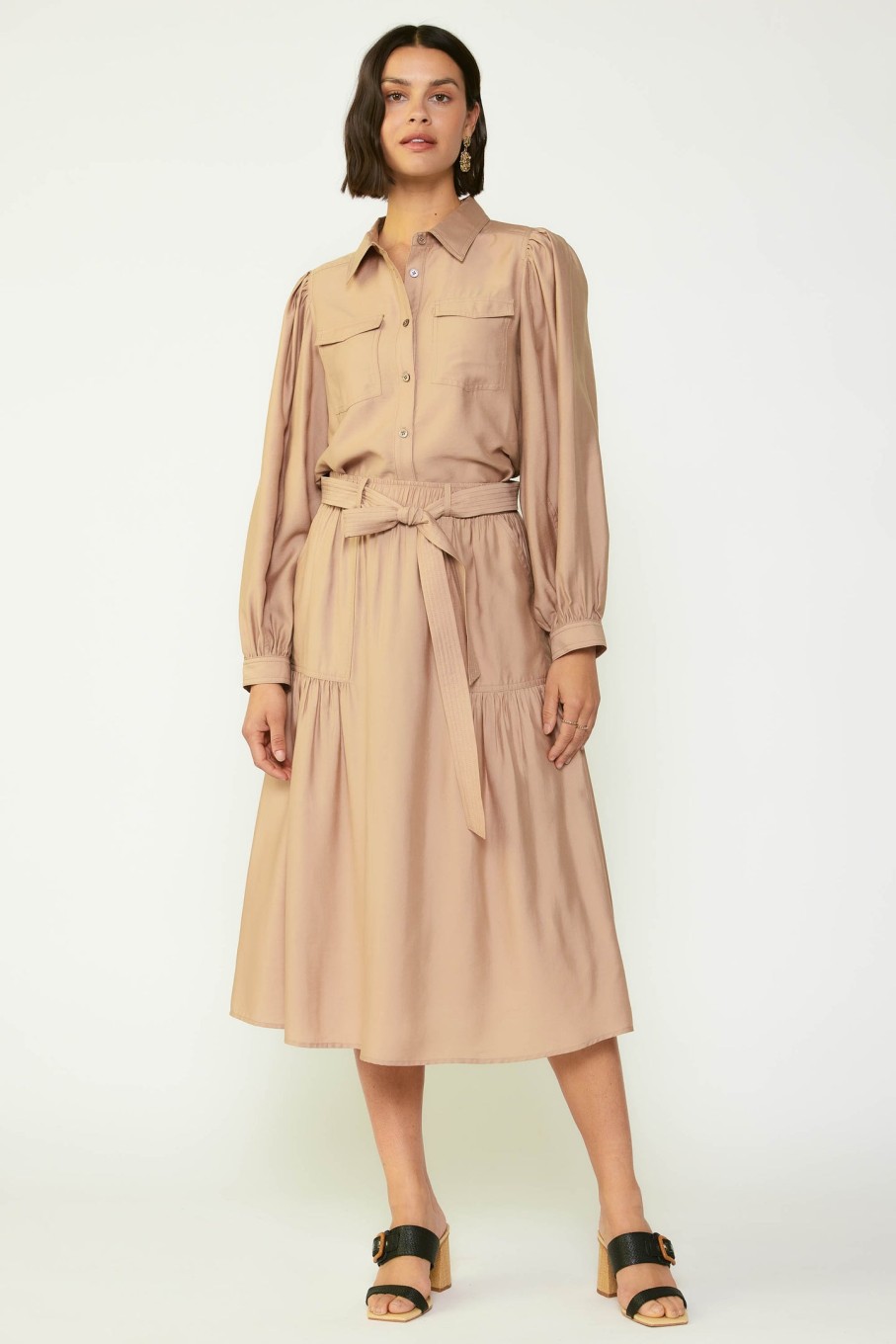 CURRENT AIR Puffed Sleeve Button Down Shirt Long Sleeve Tops