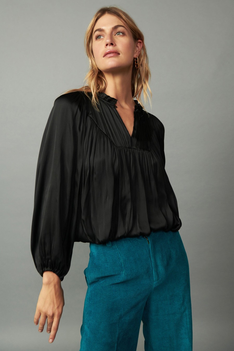 CURRENT AIR Yoke Shirred Blouse Long Sleeve Tops