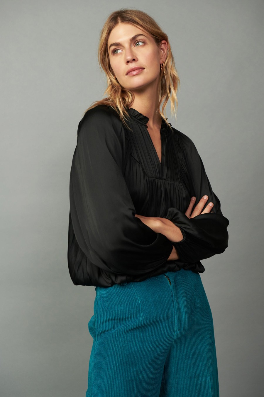 CURRENT AIR Yoke Shirred Blouse Long Sleeve Tops