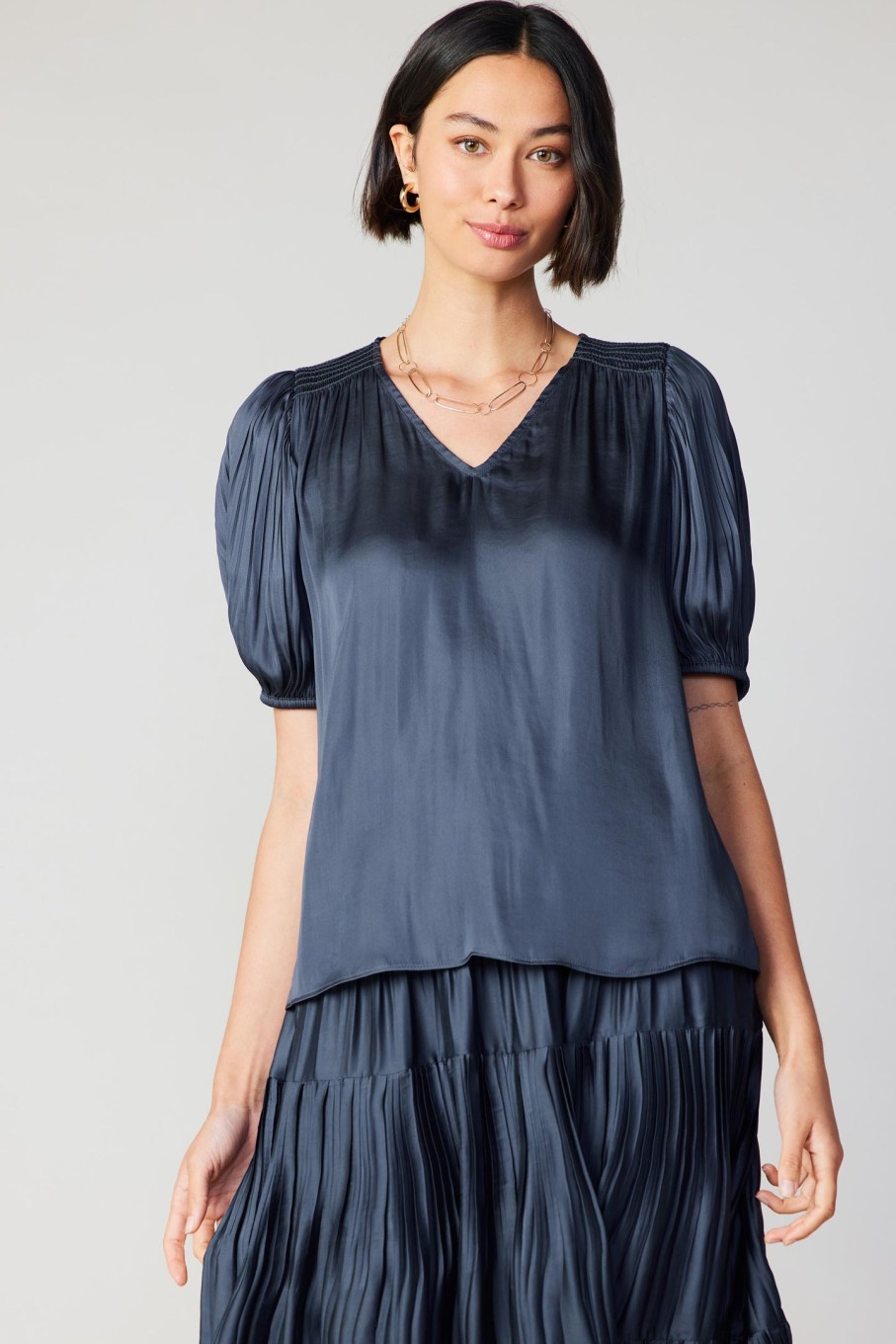 CURRENT AIR Cuffed Pleated Yoke Top Blouses