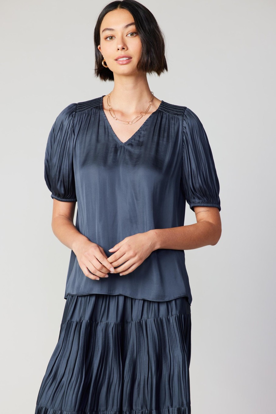 CURRENT AIR Cuffed Pleated Yoke Top Blouses