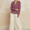CURRENT AIR Floral Jacquard Split Neck Top Long Sleeve Tops