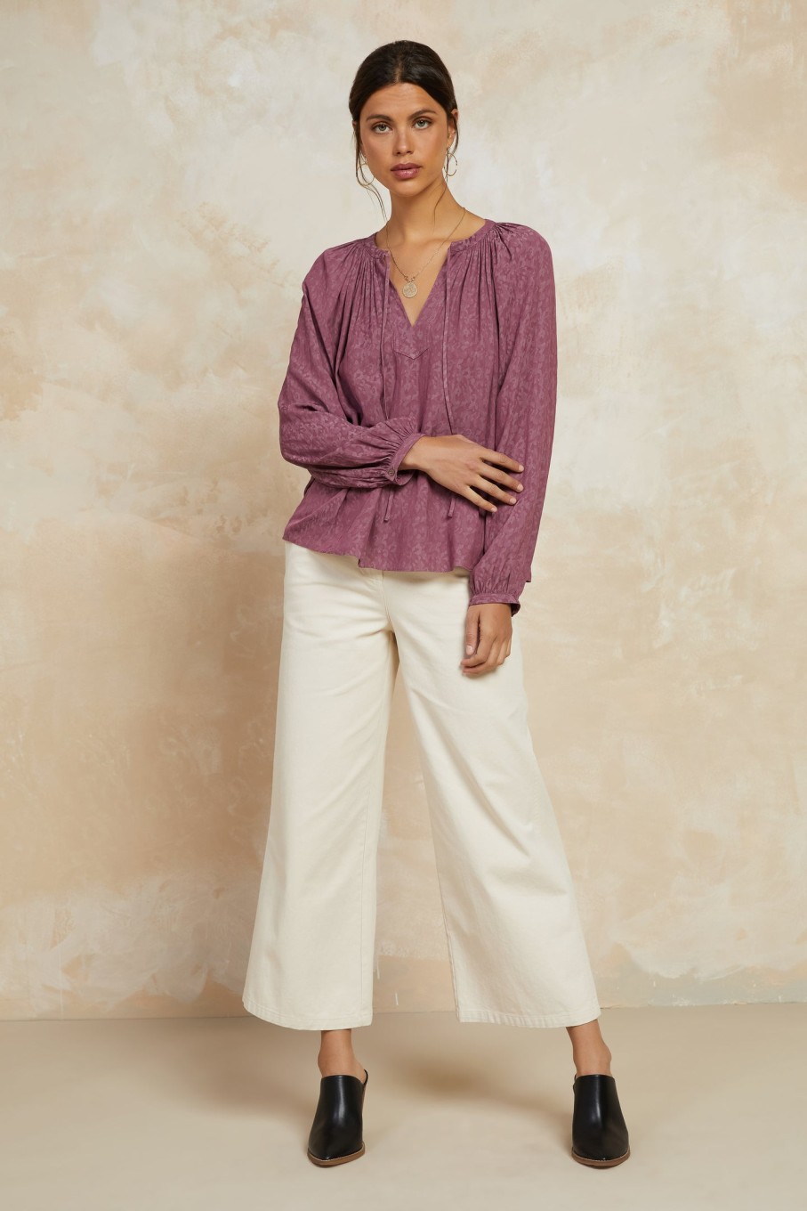 CURRENT AIR Floral Jacquard Split Neck Top Long Sleeve Tops