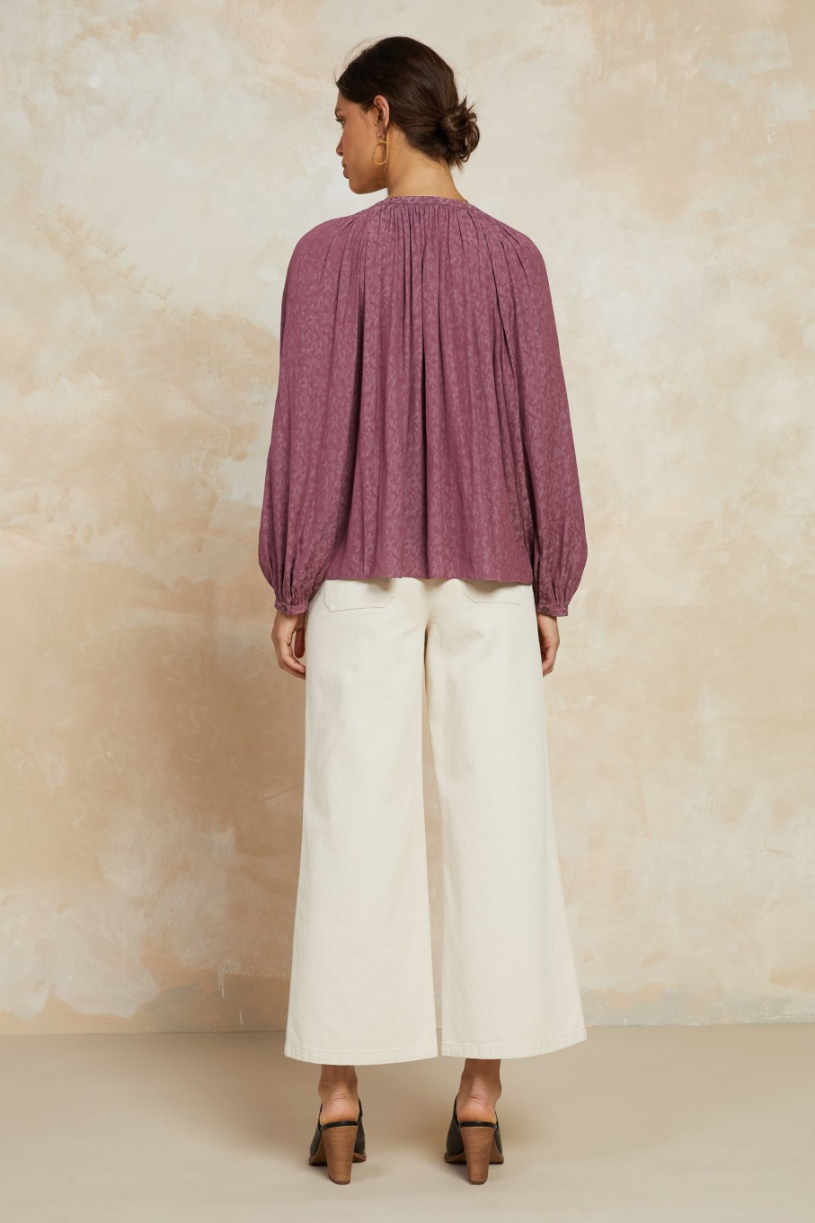 CURRENT AIR Floral Jacquard Split Neck Top Long Sleeve Tops