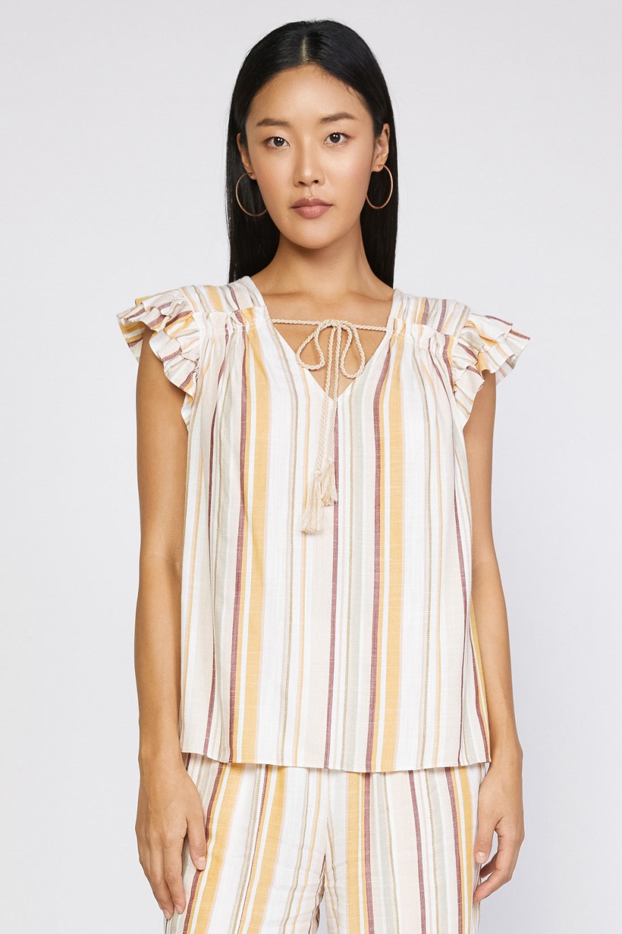 CURRENT AIR Striped Flutter Sleeve Top Sleeveless Tops