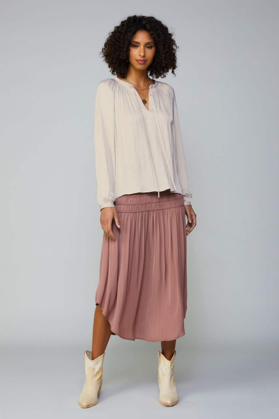 CURRENT AIR Gathered Split Neck Blouse Long Sleeve Tops