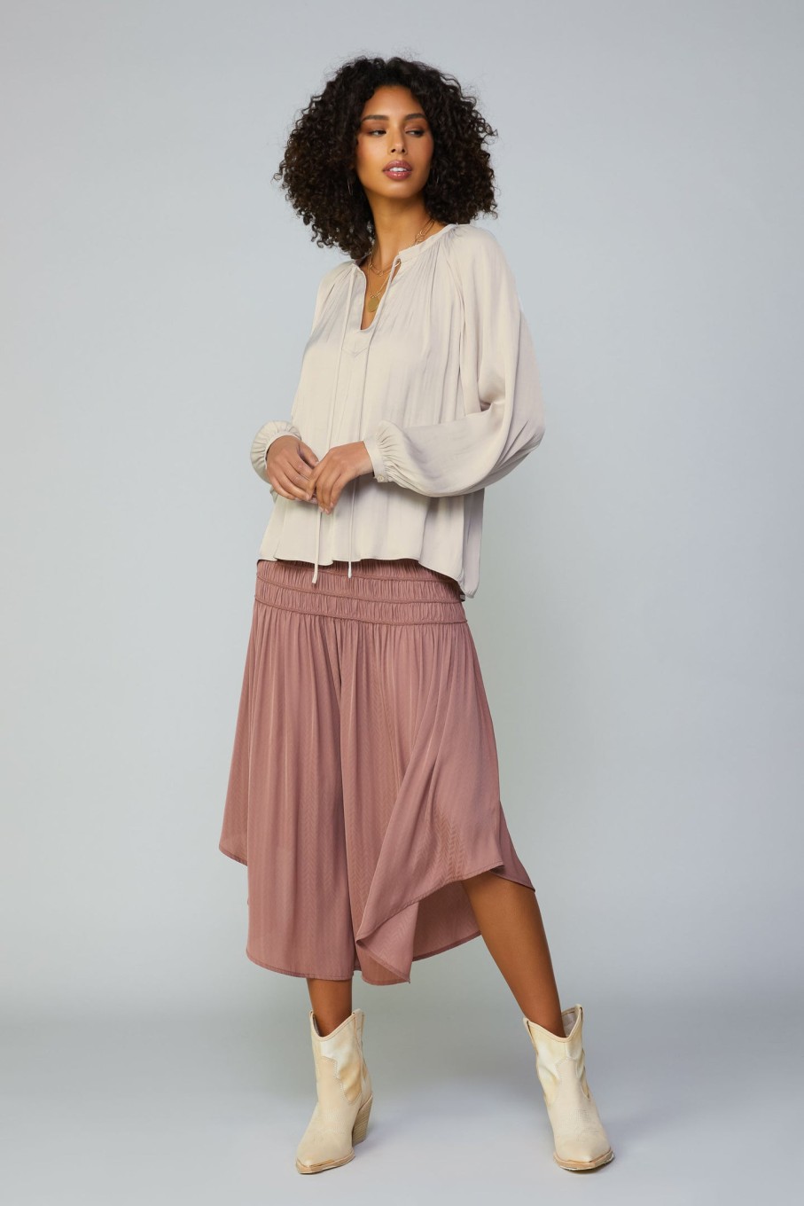 CURRENT AIR Gathered Split Neck Blouse Long Sleeve Tops