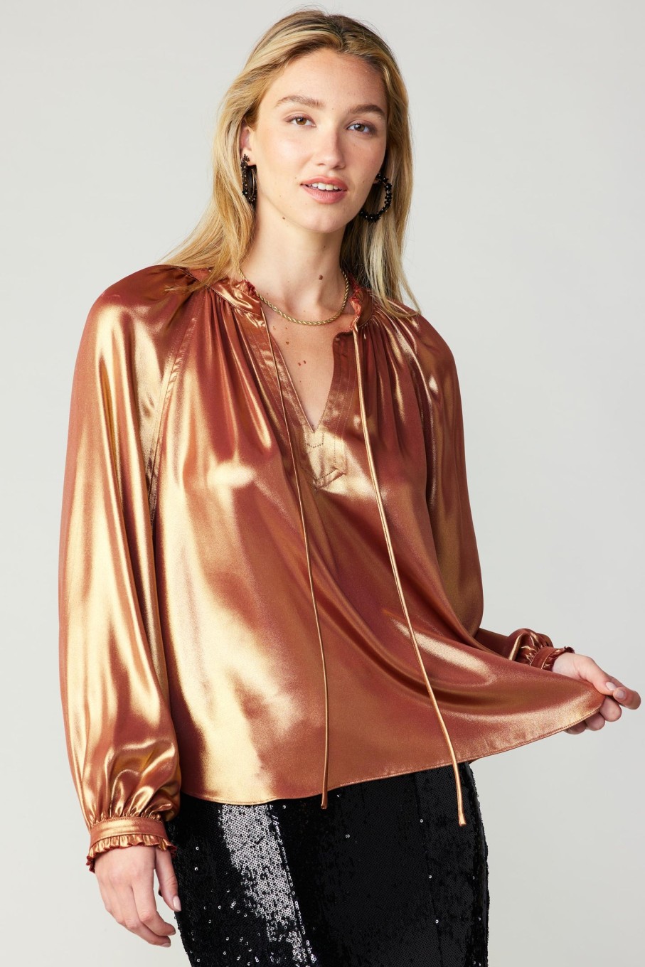 CURRENT AIR Lustrous Cuffed Blouse Long Sleeve Tops