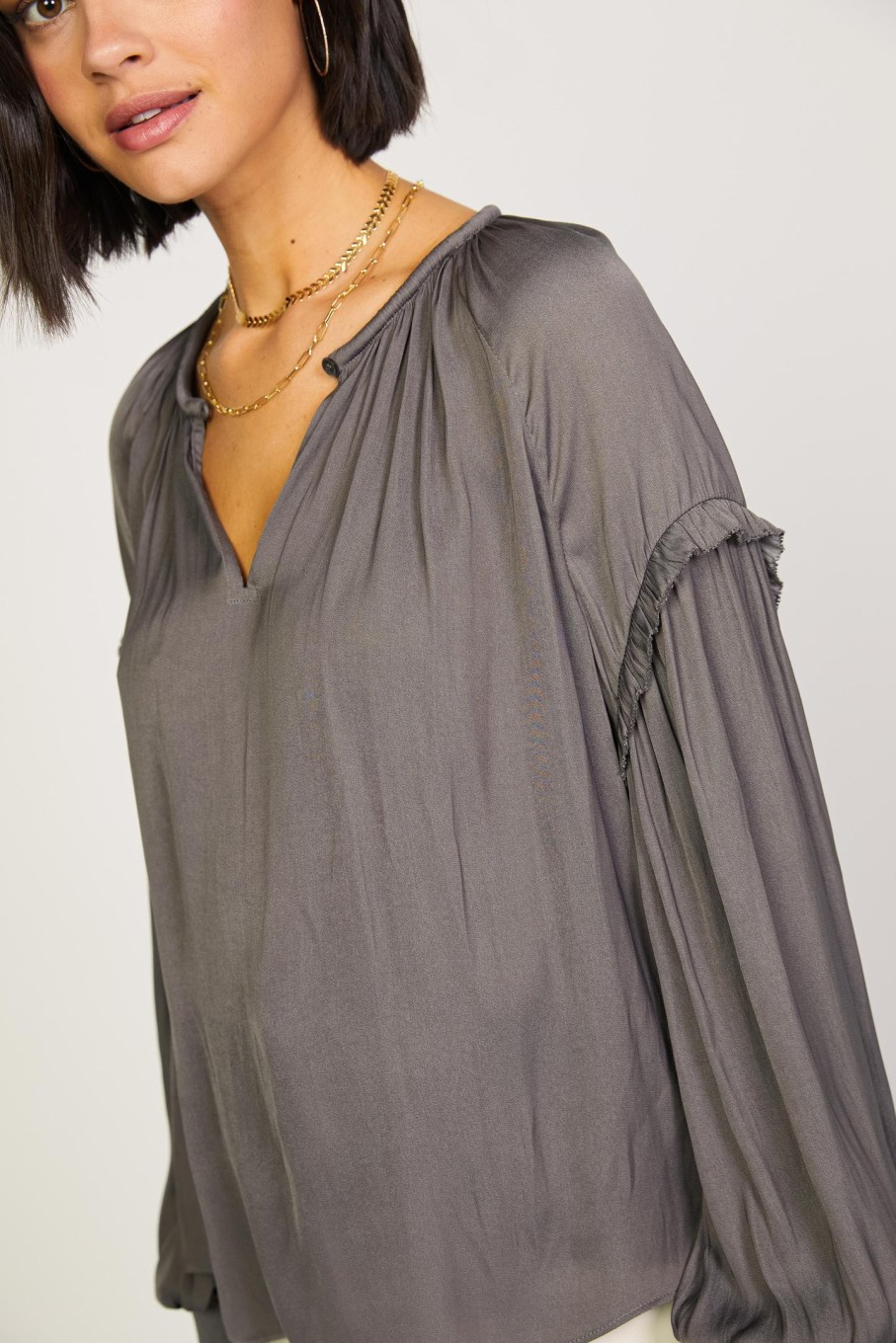 CURRENT AIR Rope Trim Neckline Blouse Long Sleeve Tops