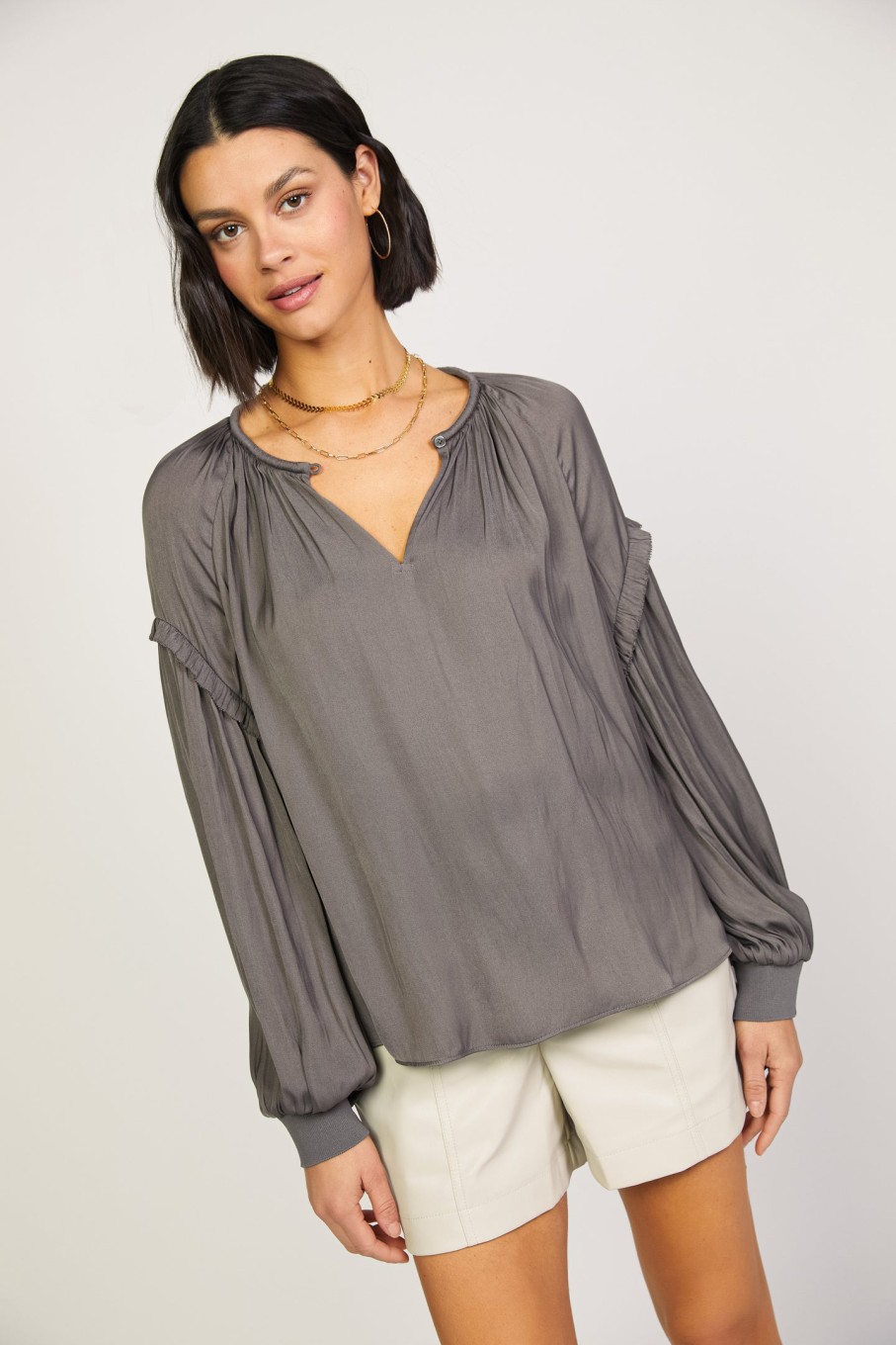 CURRENT AIR Rope Trim Neckline Blouse Long Sleeve Tops