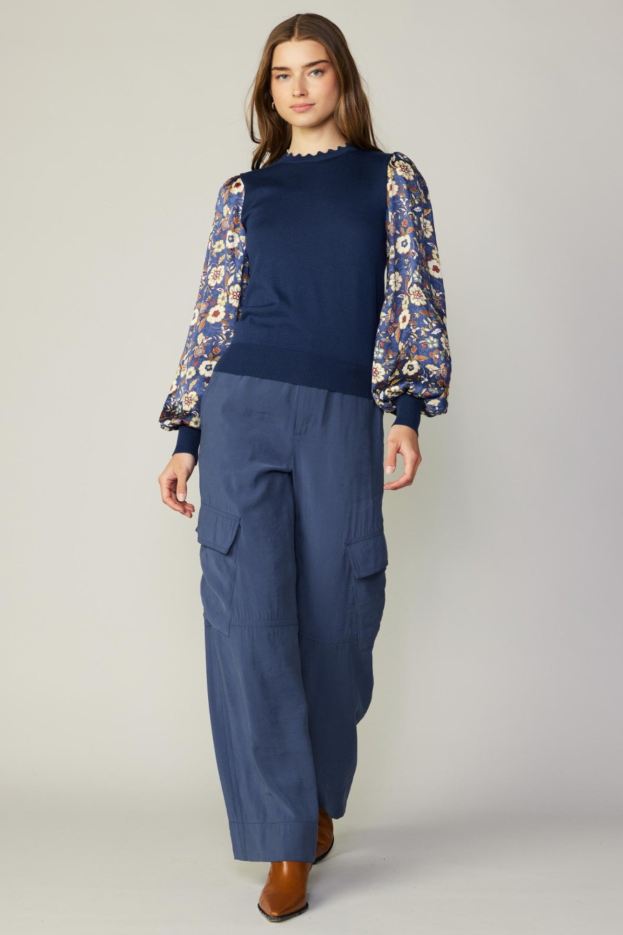 CURRENT AIR Floral Contrast Sweater Top Long Sleeve Tops