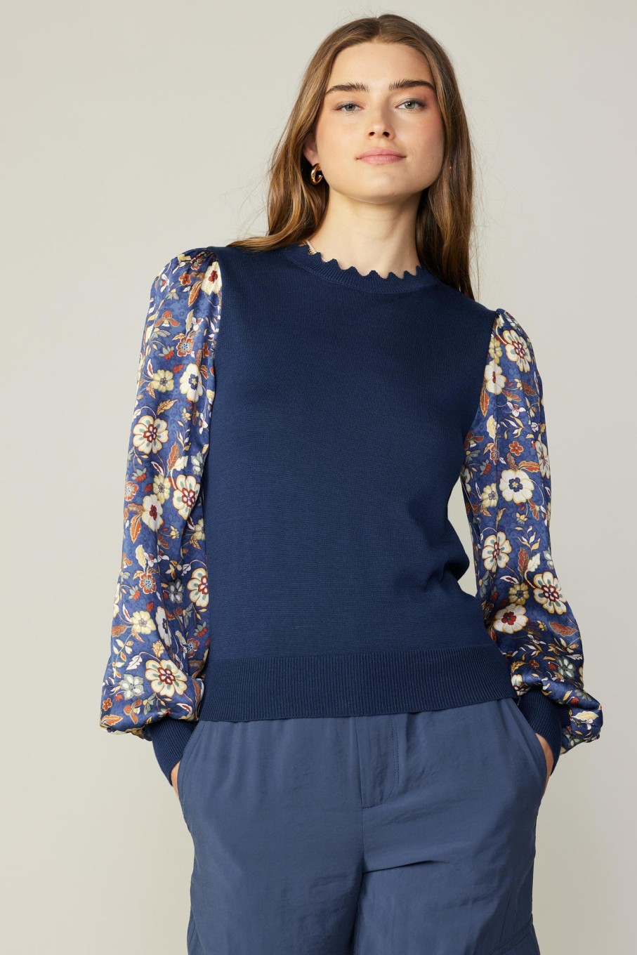 CURRENT AIR Floral Contrast Sweater Top Long Sleeve Tops