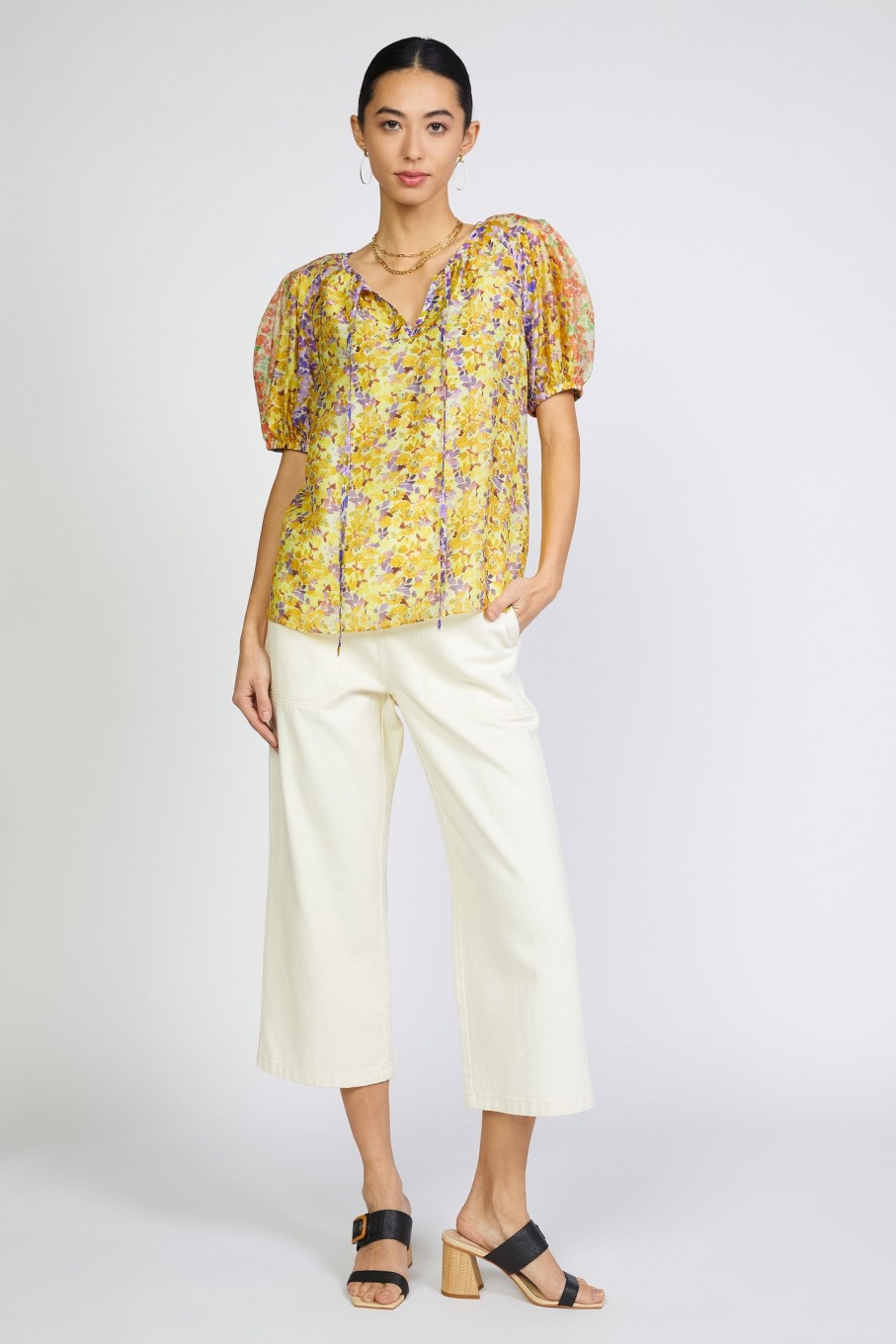 CURRENT AIR Floral Colorblock Split Neck Blouse Blouses