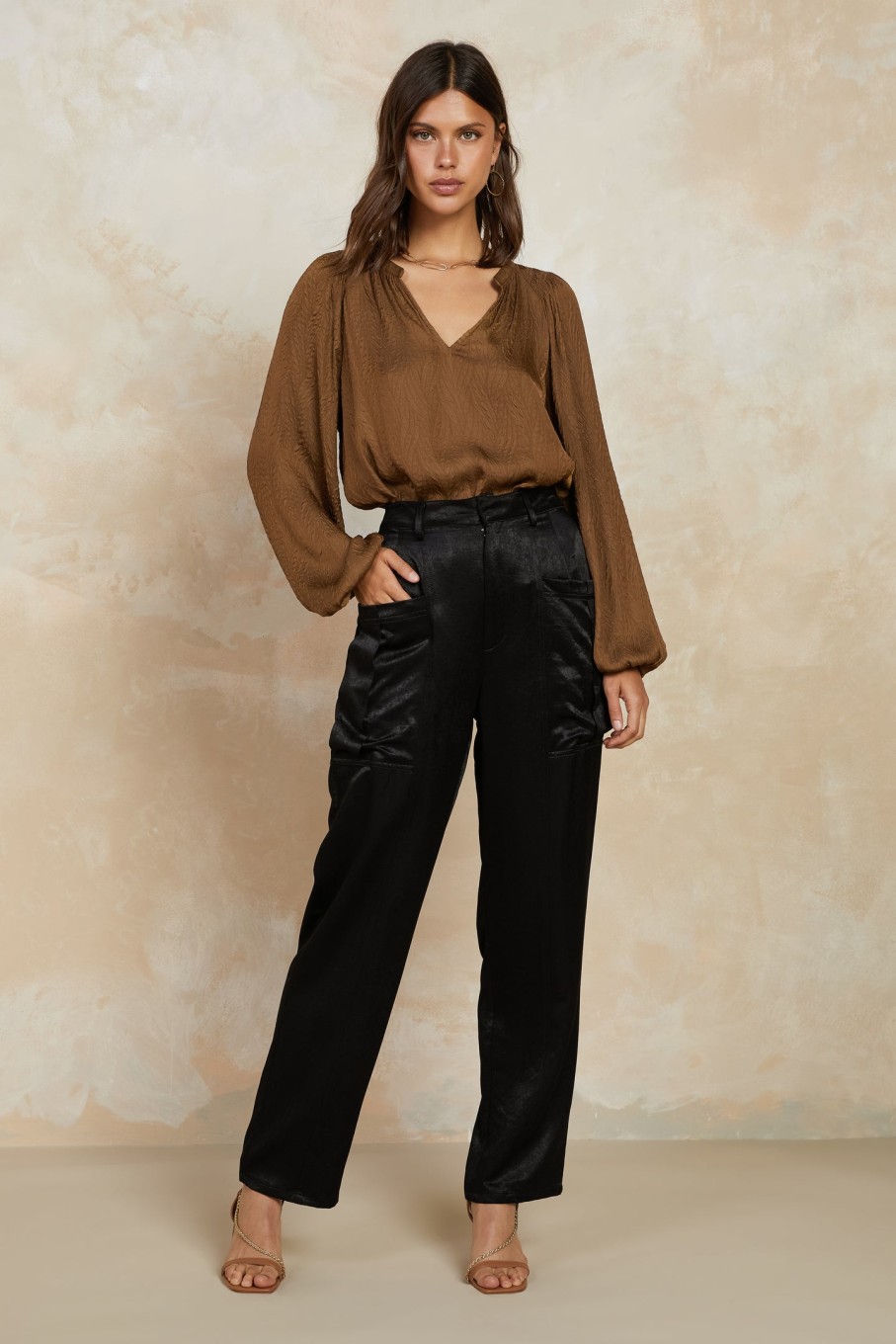 CURRENT AIR Crinkle Texture Blouse Long Sleeve Tops