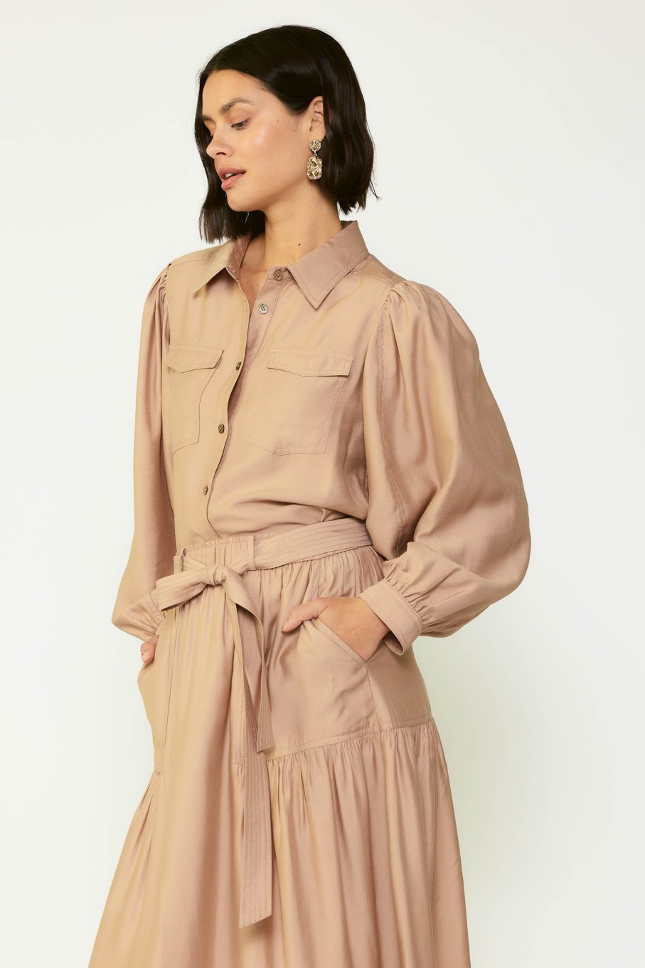 CURRENT AIR Puffed Sleeve Button Down Shirt Short Sleeve Tops