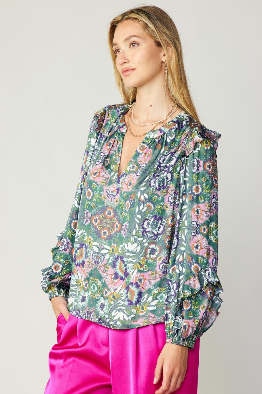 CURRENT AIR Ruffle Trim Blouse Long Sleeve Tops