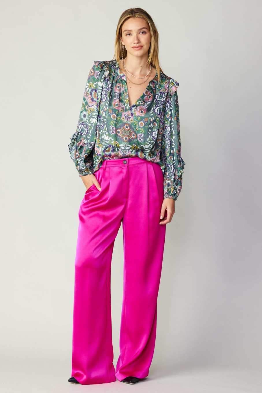 CURRENT AIR Ruffle Trim Blouse Long Sleeve Tops