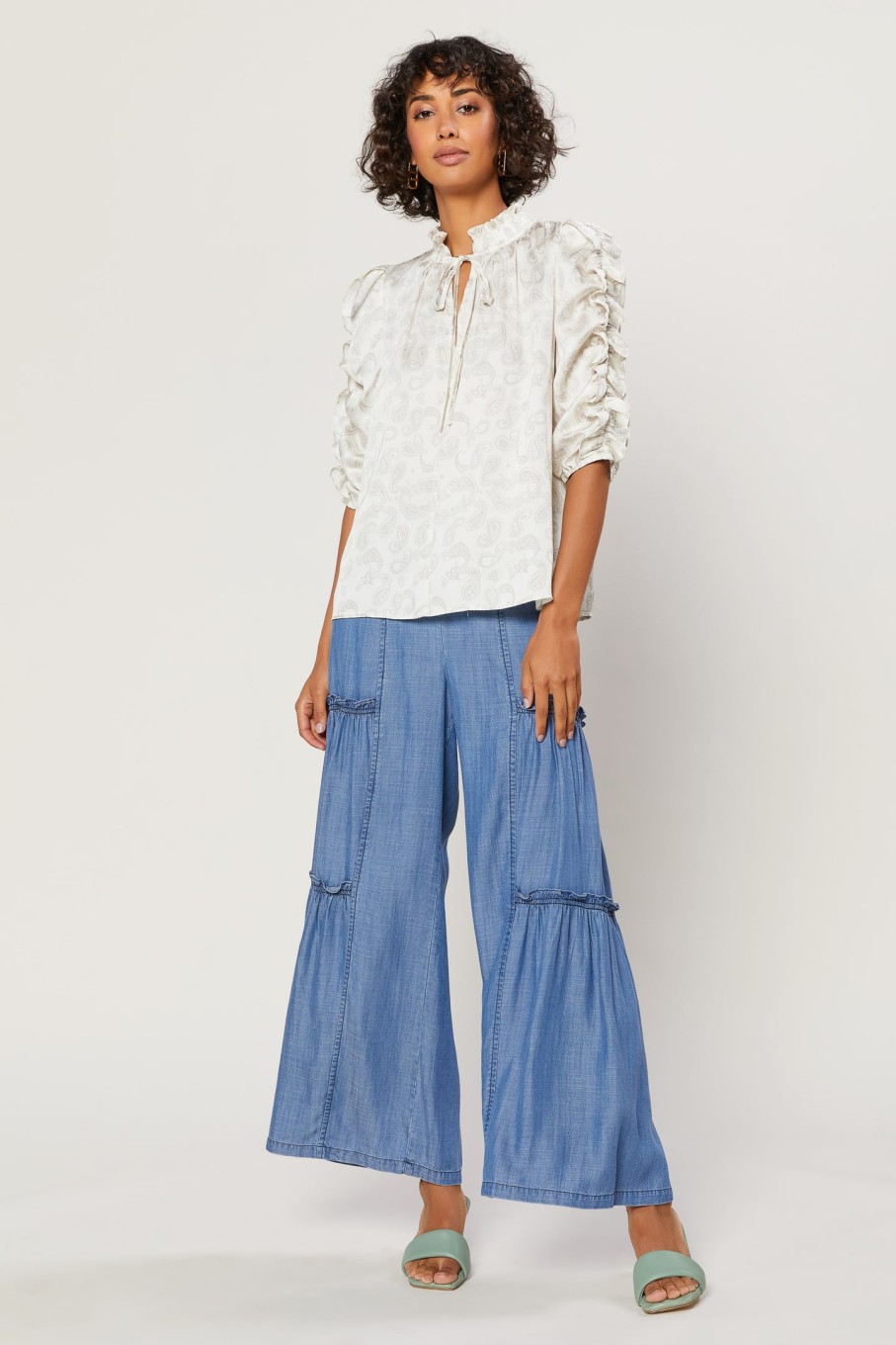CURRENT AIR Ruffled Sleeve Jacquard Top Long Sleeve Tops