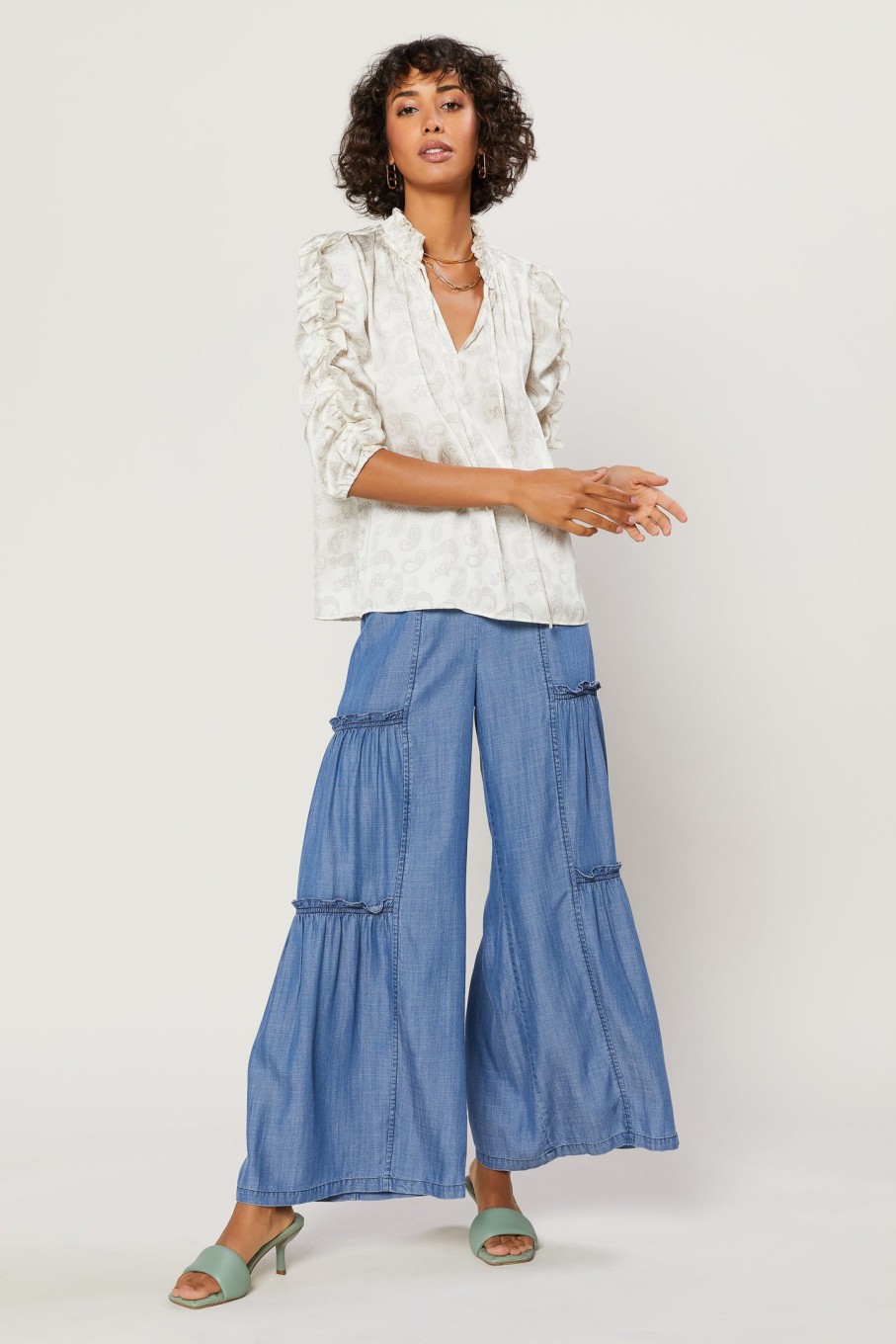 CURRENT AIR Ruffled Sleeve Jacquard Top Long Sleeve Tops