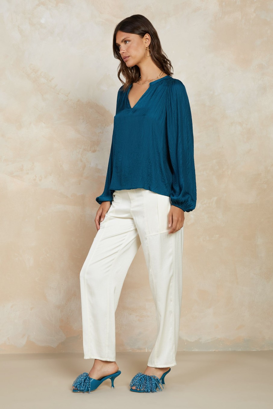 CURRENT AIR Crinkle Texture Blouse Long Sleeve Tops