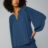 CURRENT AIR Smocked Shoulder Button Blouse Long Sleeve Tops