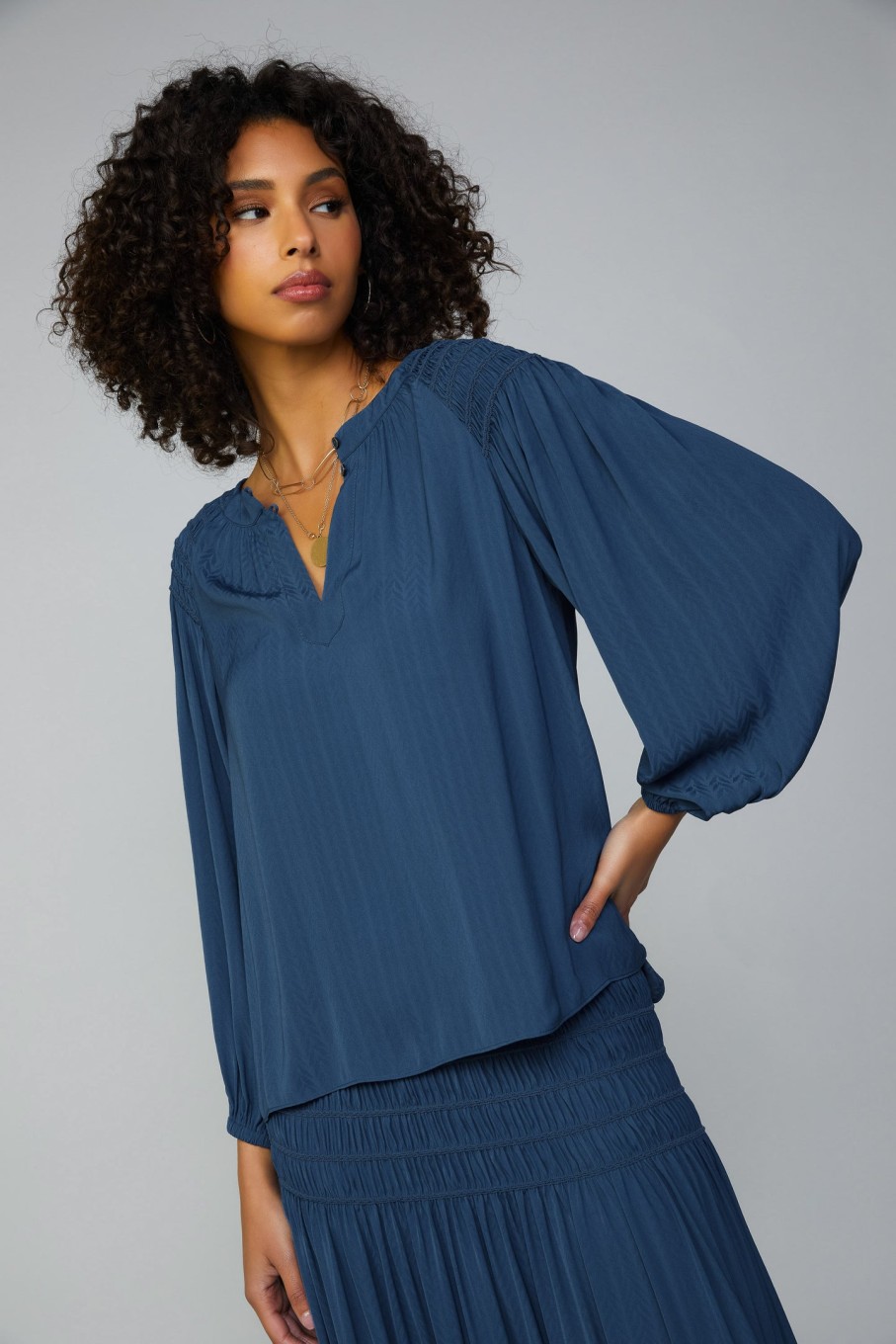 CURRENT AIR Smocked Shoulder Button Blouse Long Sleeve Tops