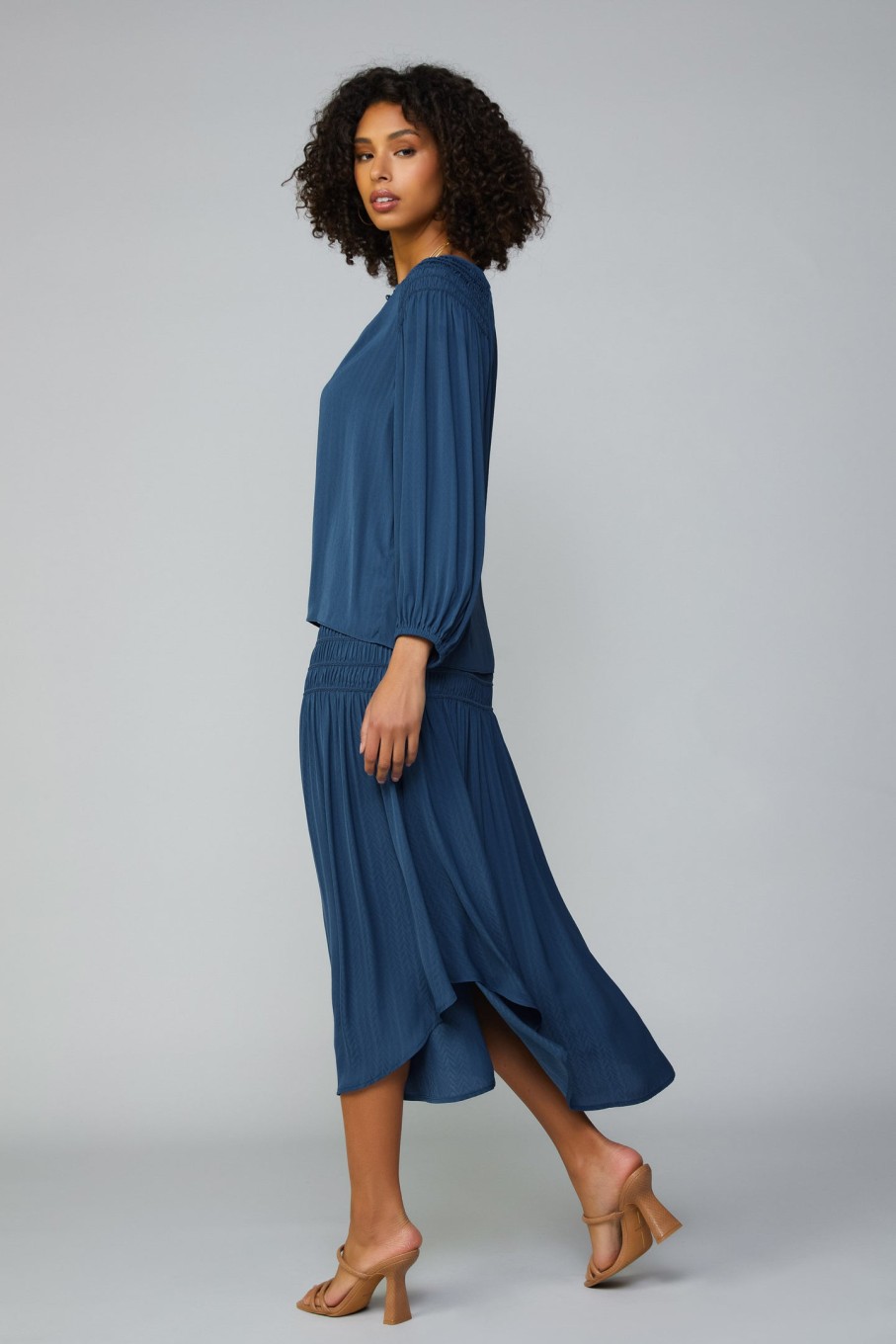 CURRENT AIR Smocked Shoulder Button Blouse Long Sleeve Tops
