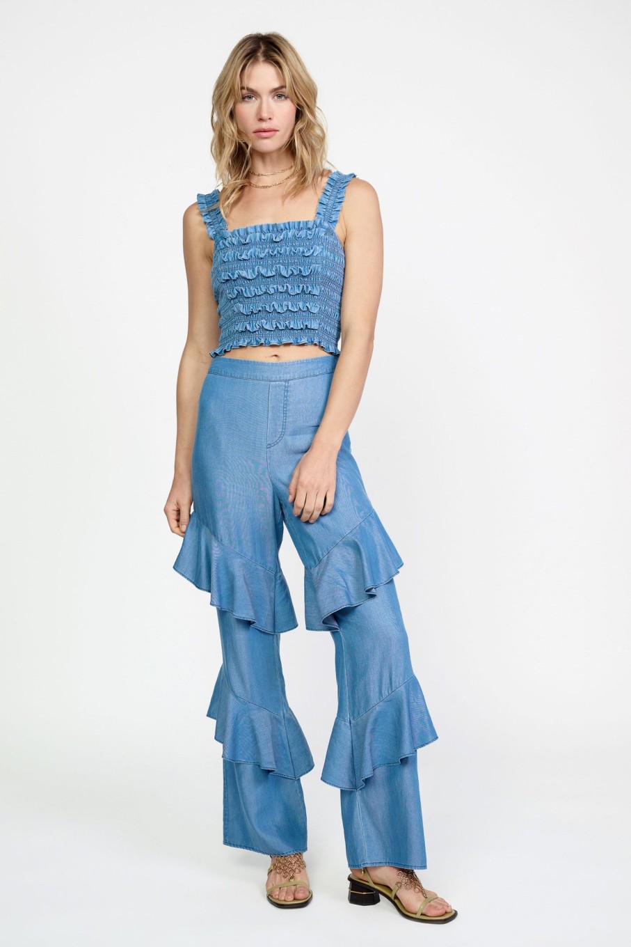 CURRENT AIR Chambray Smocked Crop Top Blouses
