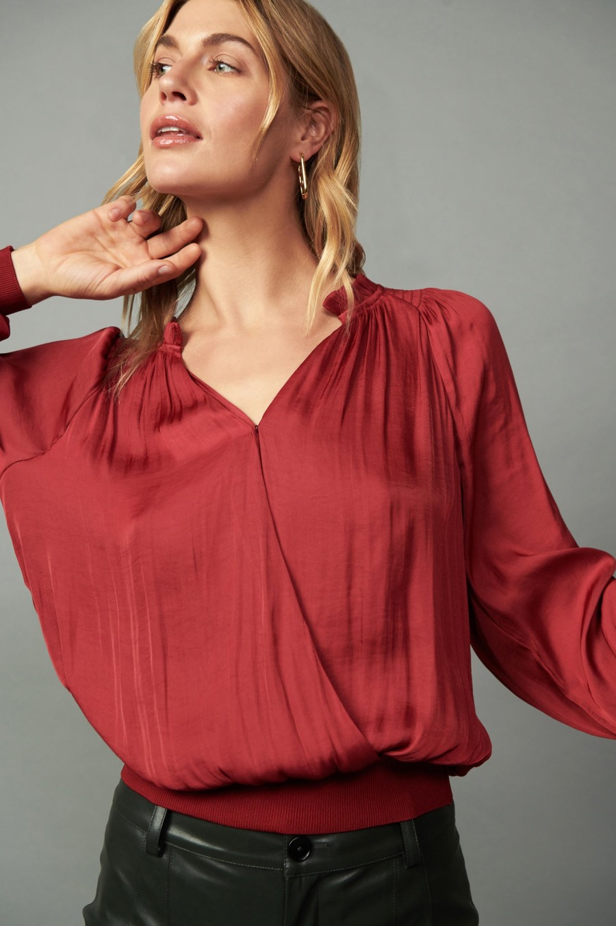 CURRENT AIR Ruffled Surplice Blouse Long Sleeve Tops