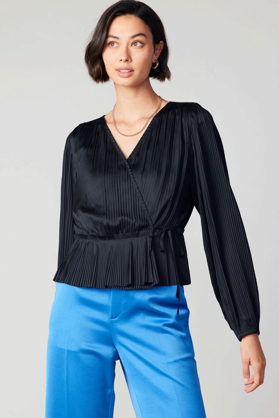 CURRENT AIR Pleated Wrap Top Long Sleeve Tops