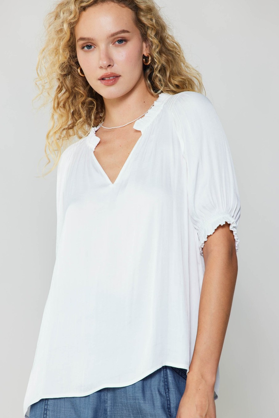 CURRENT AIR Ruffled Cuff Blouse Short Sleeve Tops