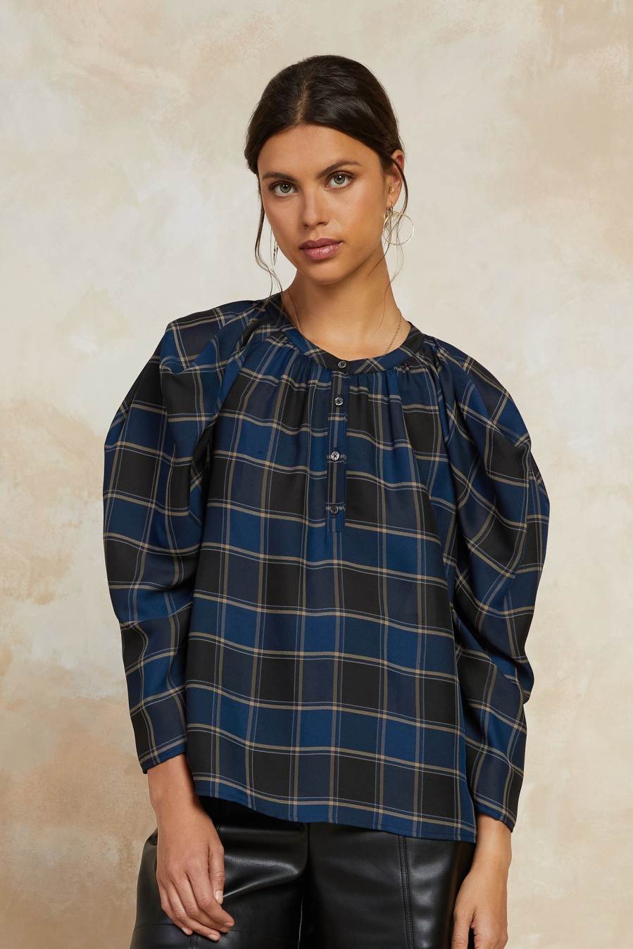 CURRENT AIR Plaid Puff Sleeve Top Blouses
