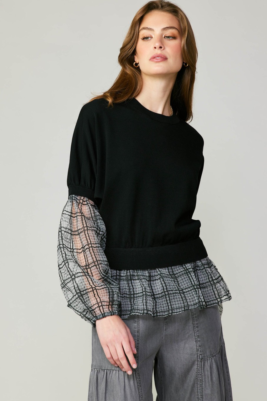 CURRENT AIR Windowpane Plaid Sweater Top Knitwear