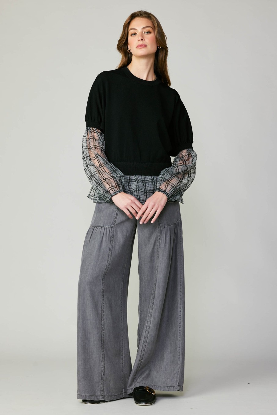 CURRENT AIR Windowpane Plaid Sweater Top Knitwear