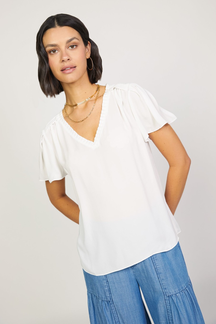 CURRENT AIR Pleated V-Neck Blouse Short Sleeve Tops