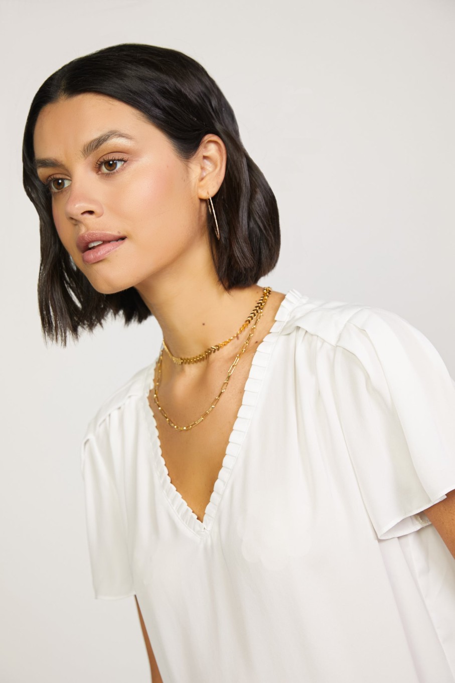CURRENT AIR Pleated V-Neck Blouse Short Sleeve Tops