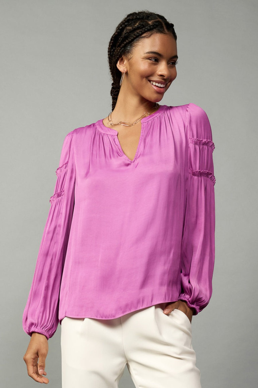 CURRENT AIR Tiered Ruffled Sleeve Blouse Long Sleeve Tops